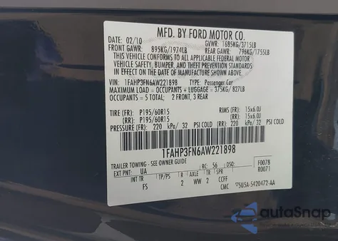 2010 Ford Focus Se из США, поврежденный, VIN 1FAHP3FN6AW221898